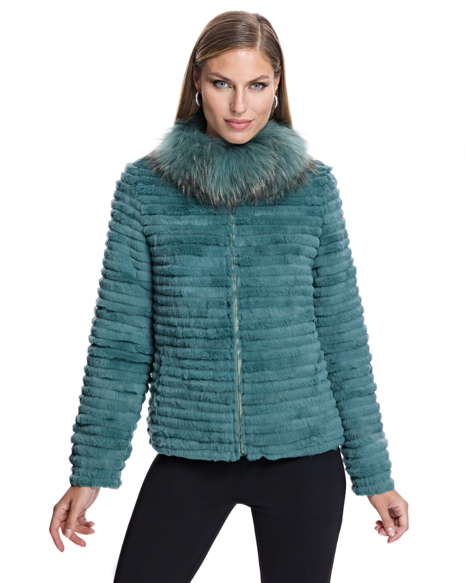 Chaqueta de conejo con cuello de mapache