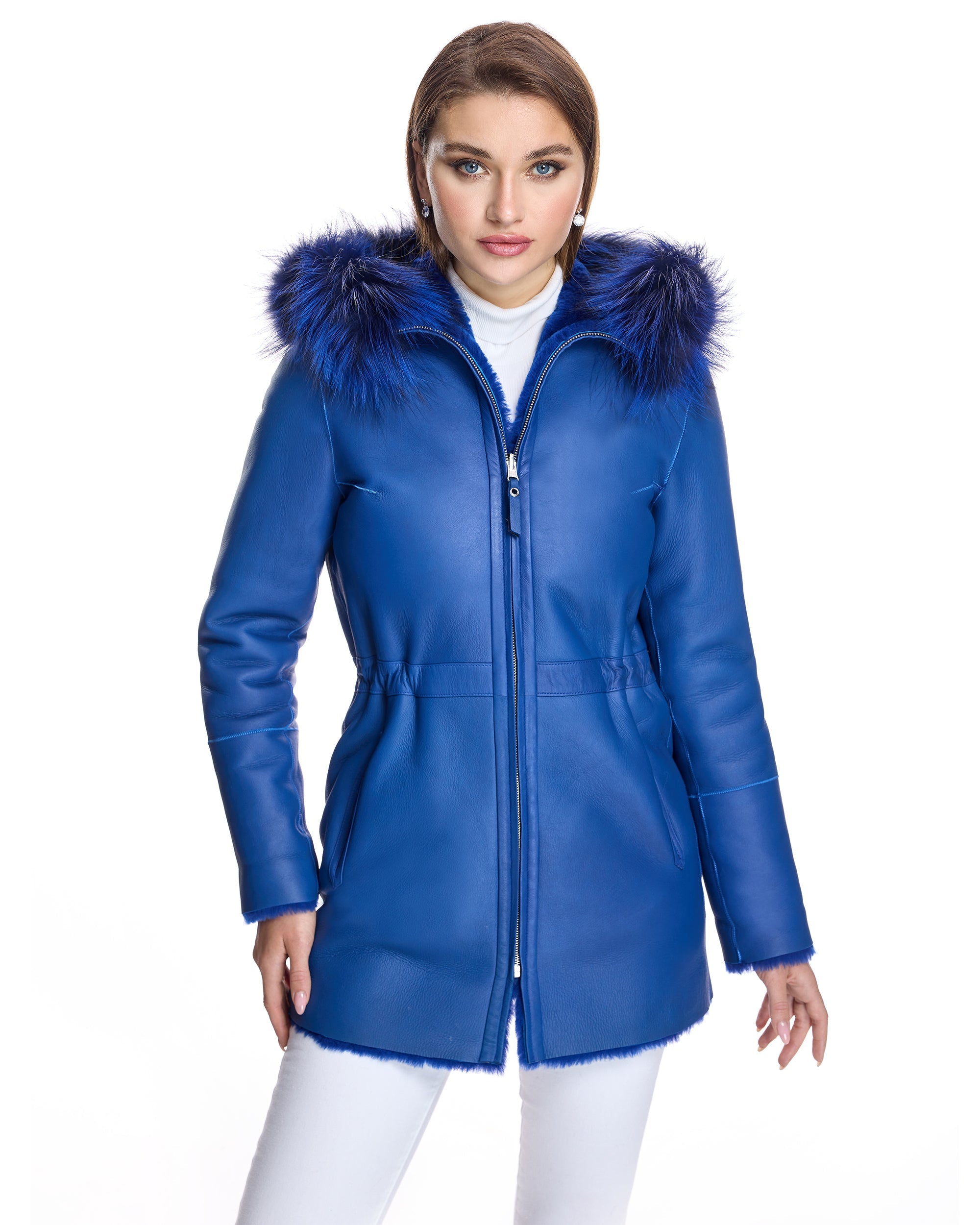 Chaqueta reversible de piel de cordero con capucha ribeteada de zorro