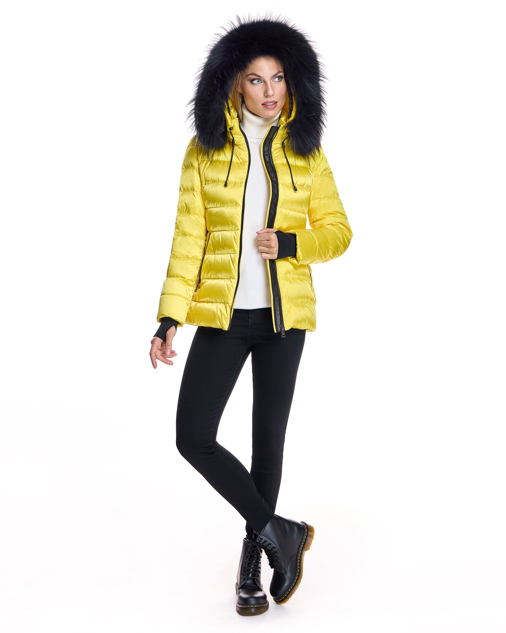 Julia & Stella Nylon Puffer Jacket with Raccoon Trimmed Hood