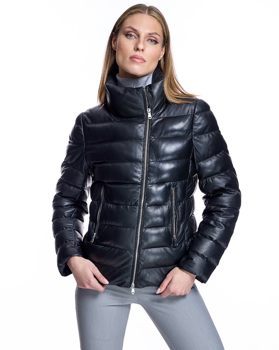 Chaqueta de cuero con relleno de plumón horizontal