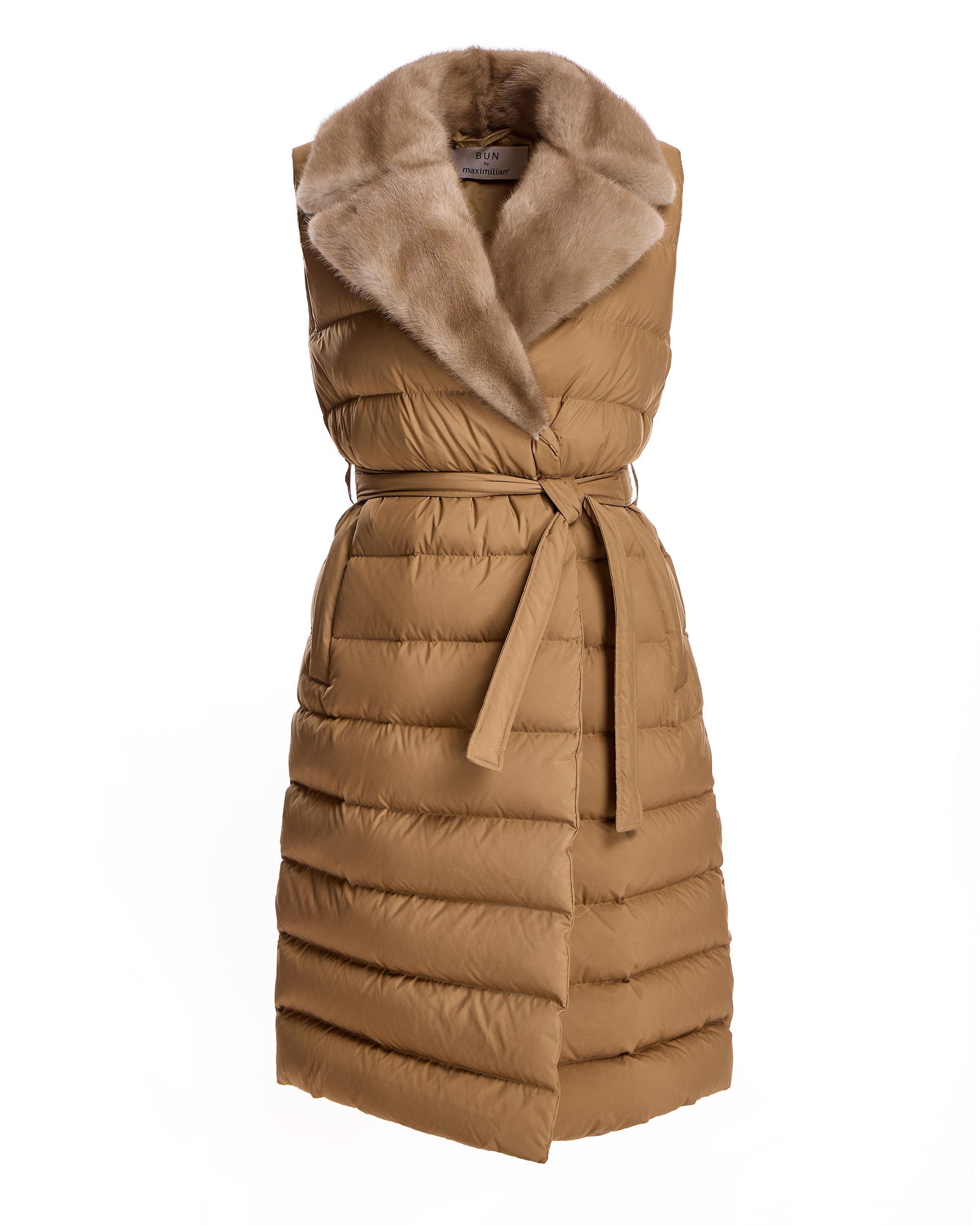 Belted Polyester Vest with Natural Mink Collar