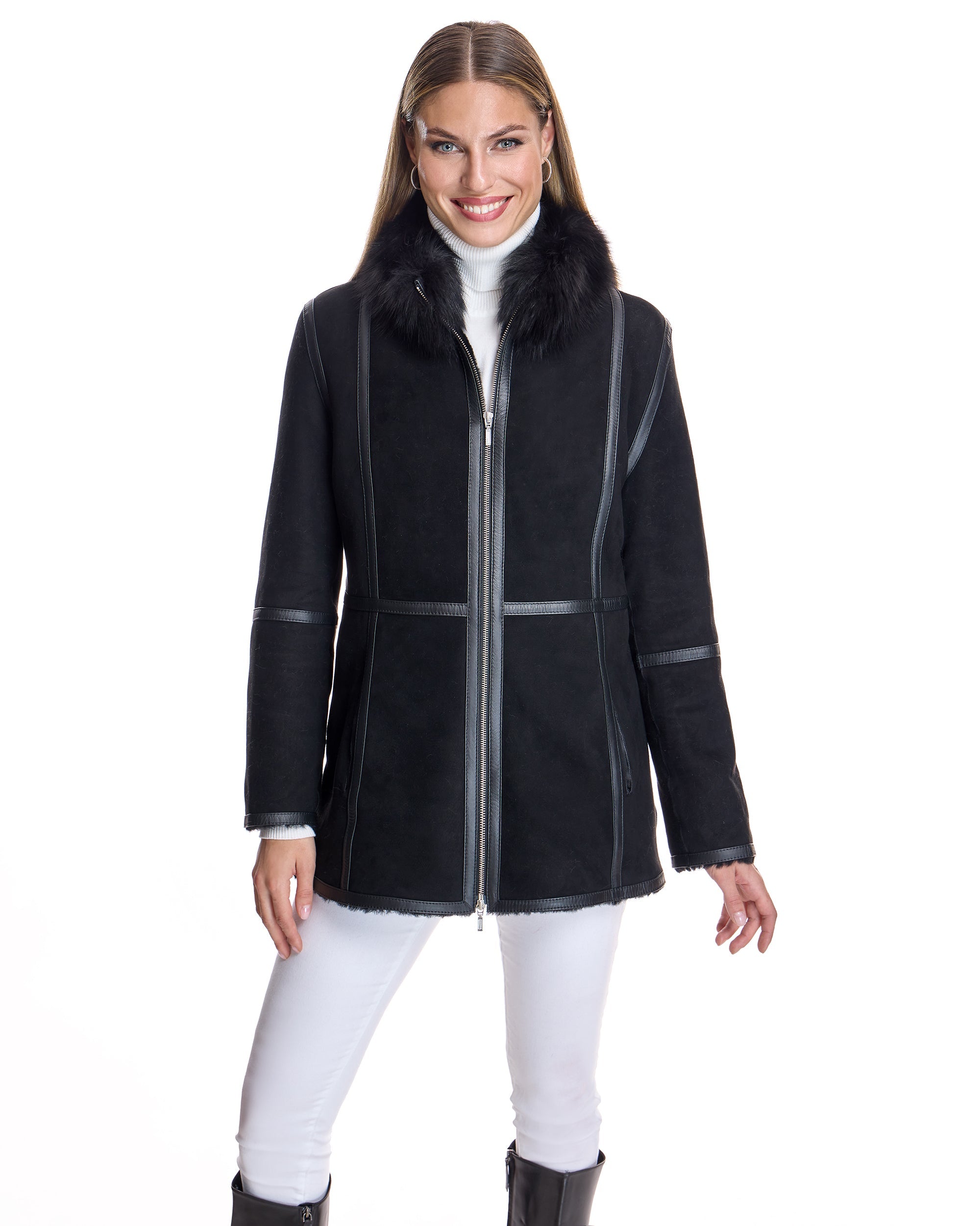 Chaqueta de piel de cordero con cuello alto de zorro