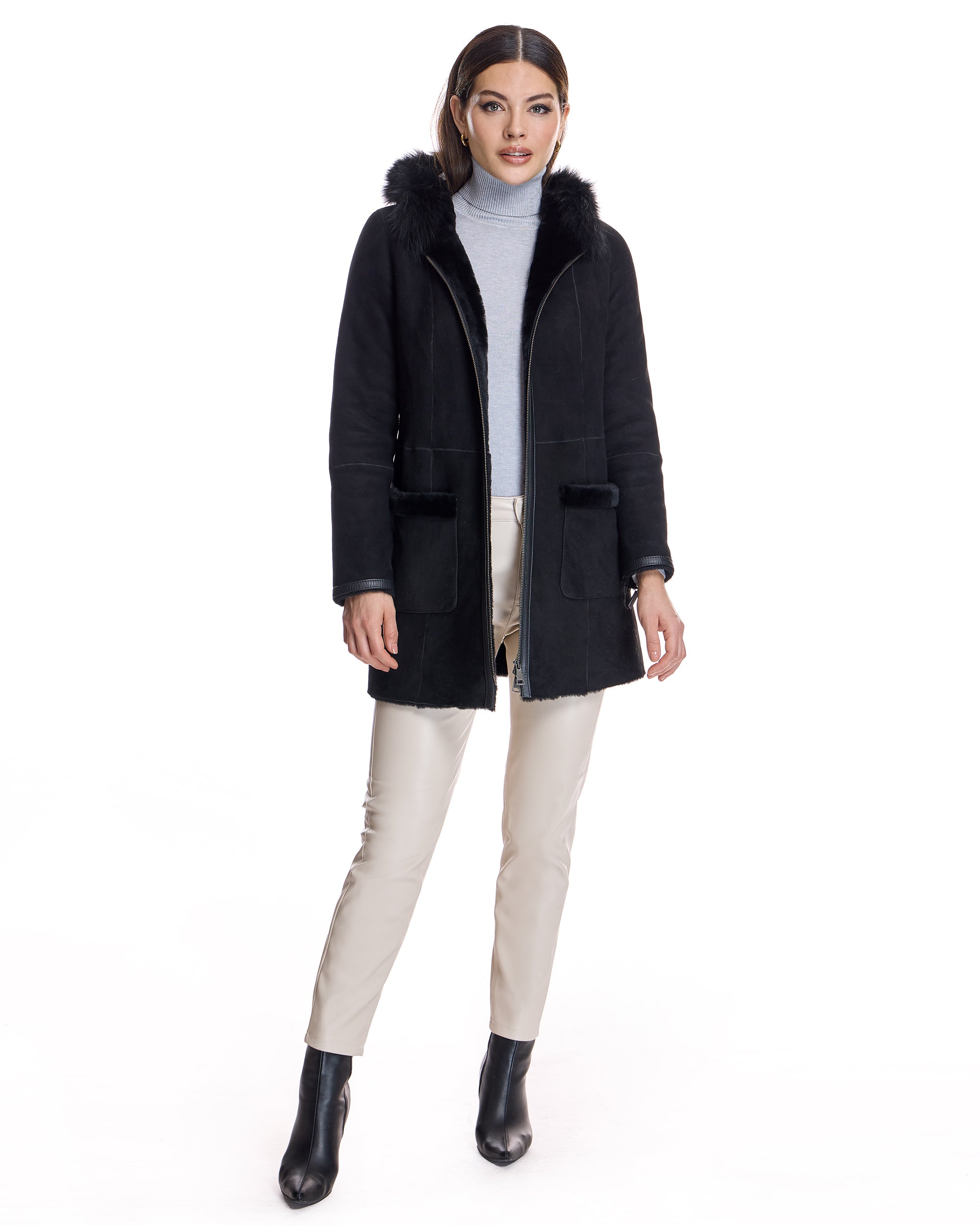 Chaqueta de piel de cordero con capucha con ribete de cordero Toscana