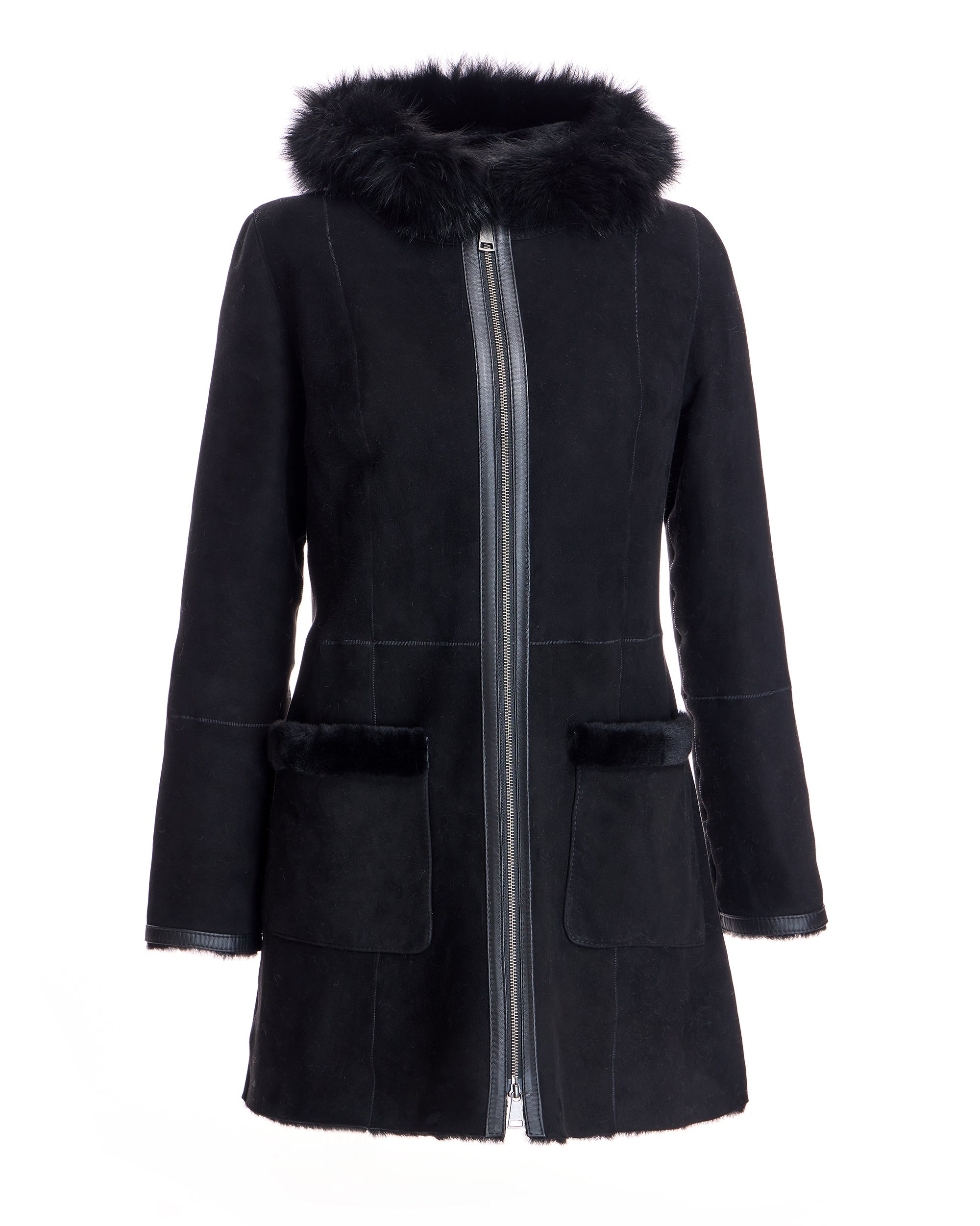 Chaqueta de piel de cordero con capucha con ribete de cordero Toscana