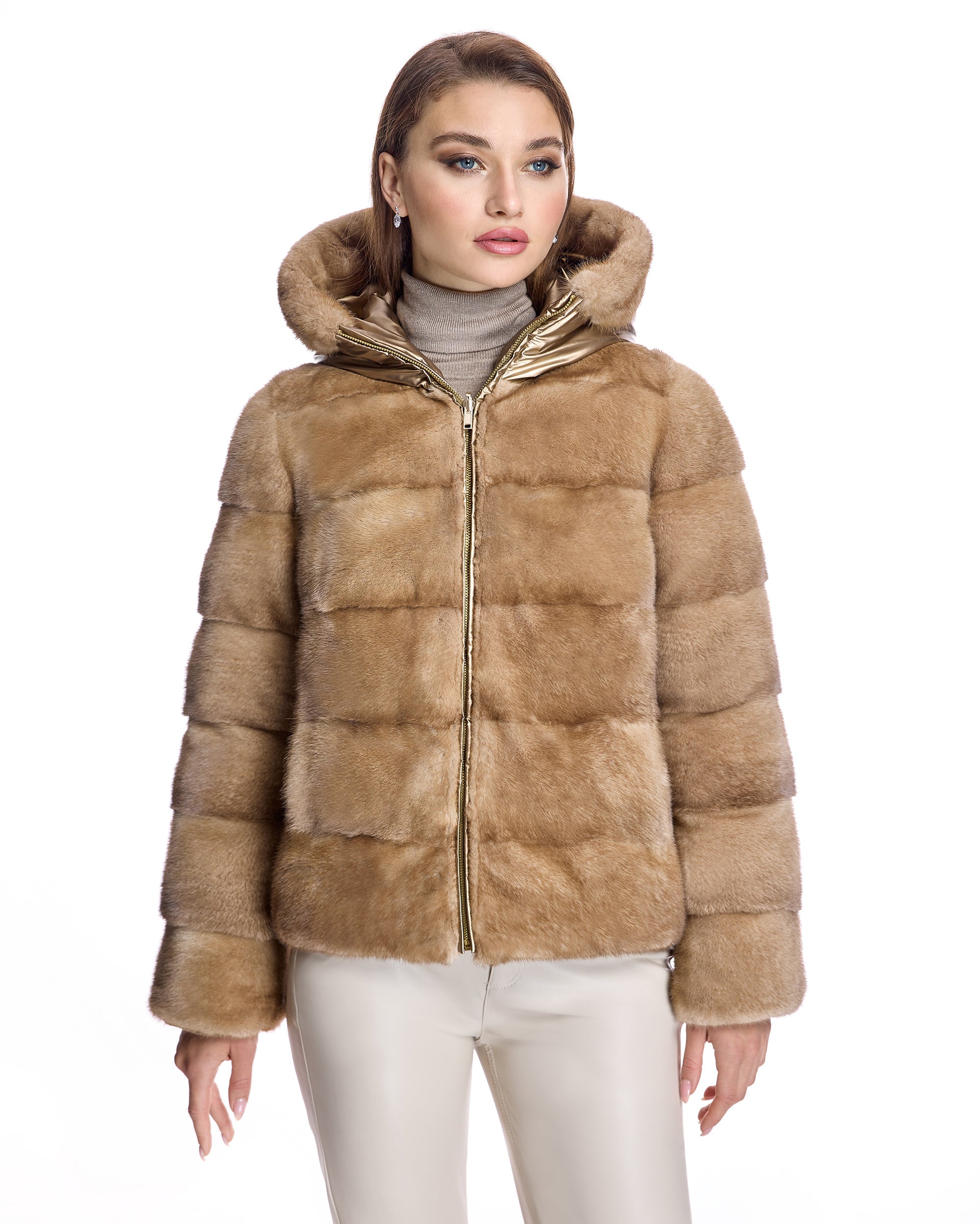 Chaqueta de visón reversible horizontal con capucha