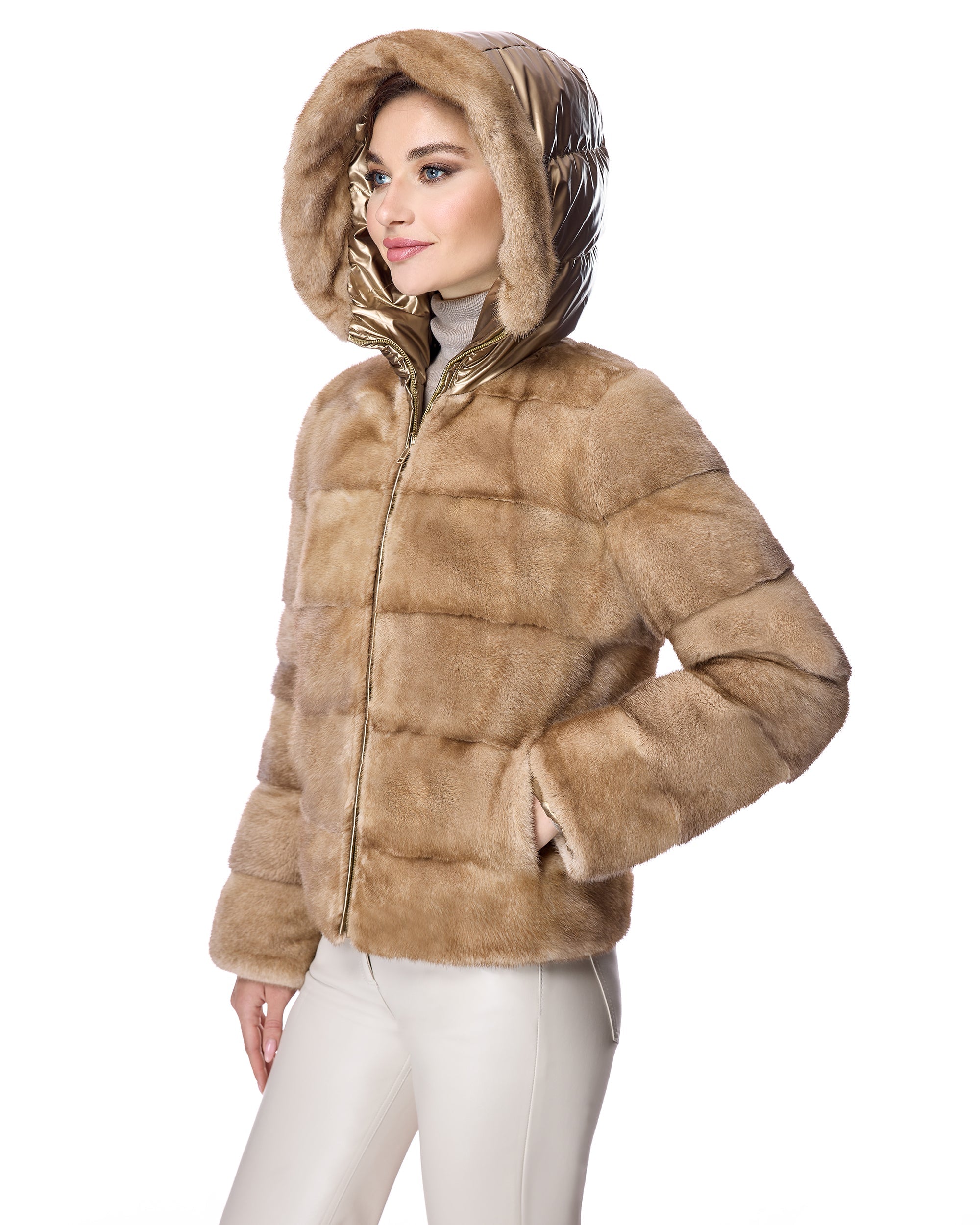 Chaqueta de visón reversible horizontal con capucha