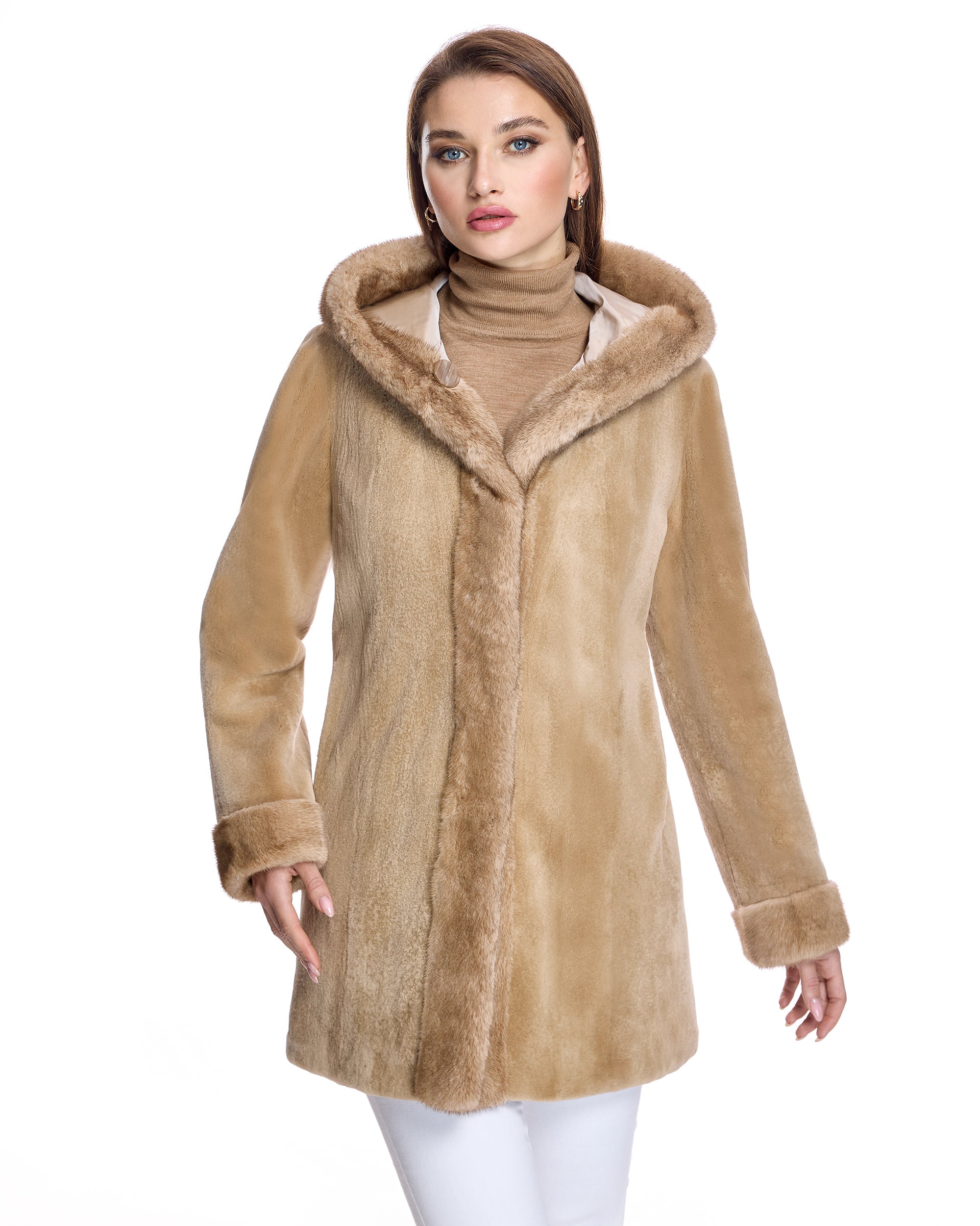 Chaqueta reversible de visón esquilado con capucha