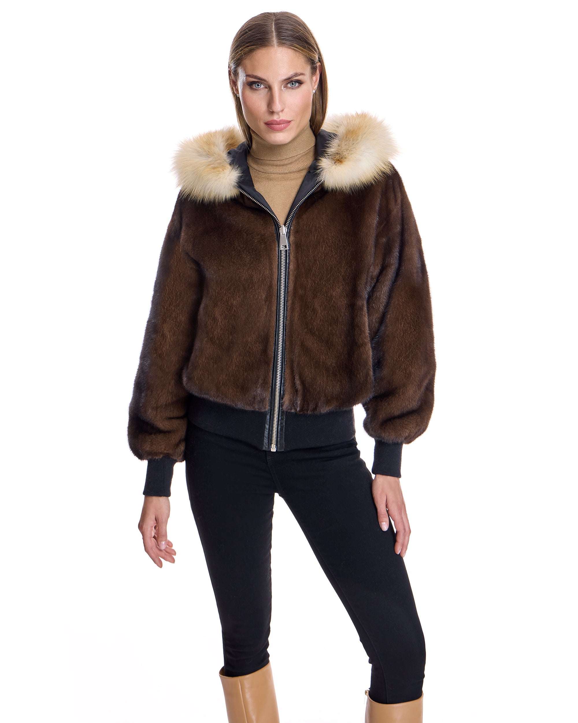 Chaqueta reversible de visón con capucha ribeteada de zorro
