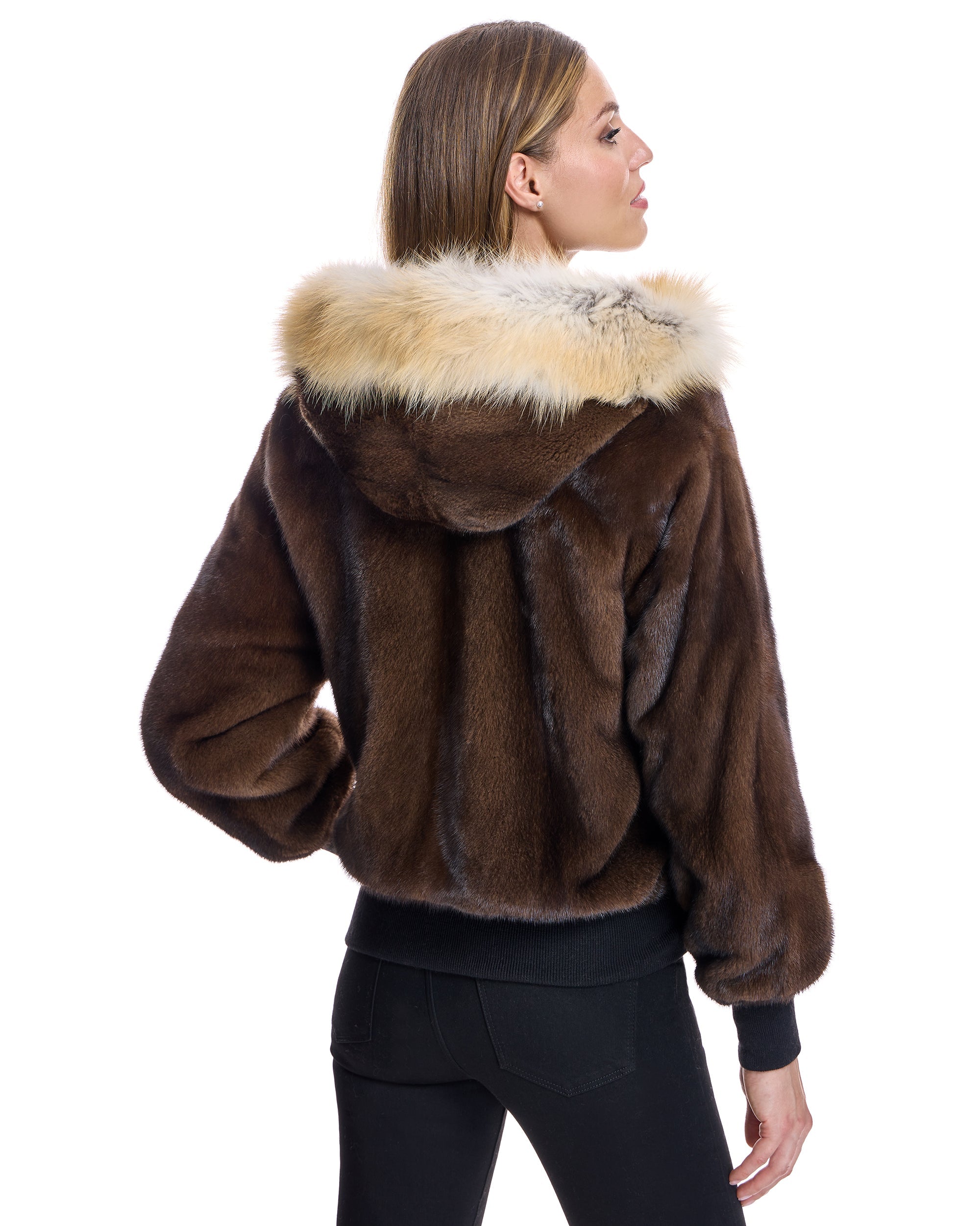 Chaqueta reversible de visón con capucha ribeteada de zorro