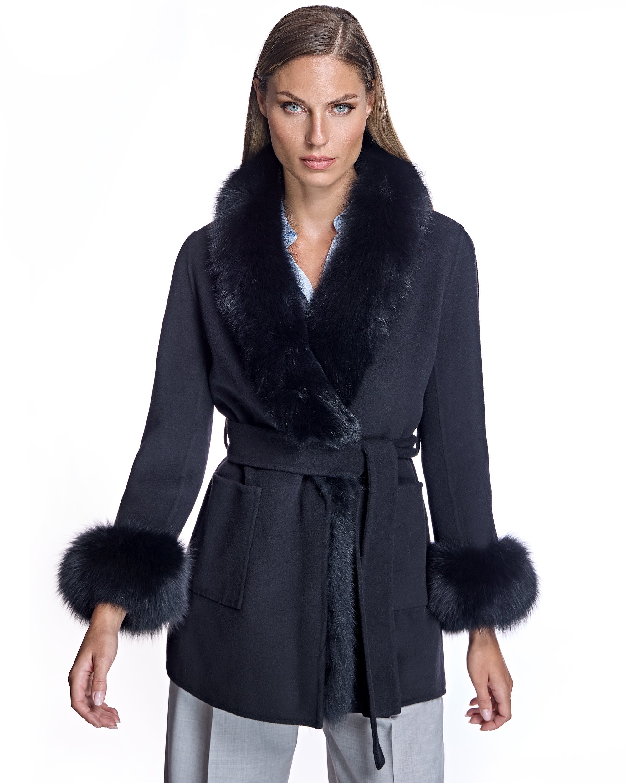 Chaqueta de lana Maximilian con ribete de piel desmontable