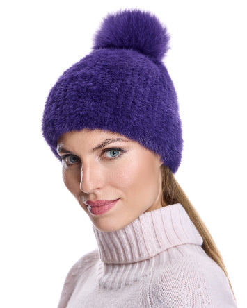 Gorro de visón de punto con pompón de zorro