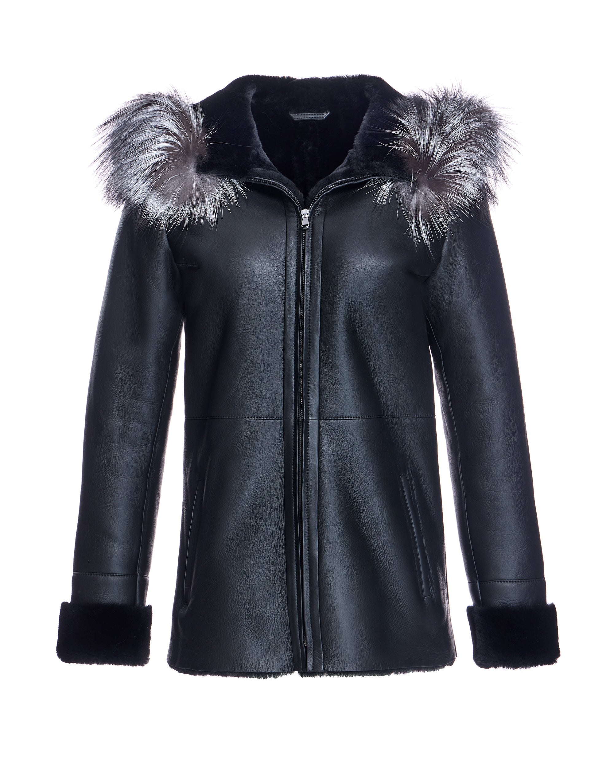 Chaqueta de piel de cordero con capucha ribeteada de zorro