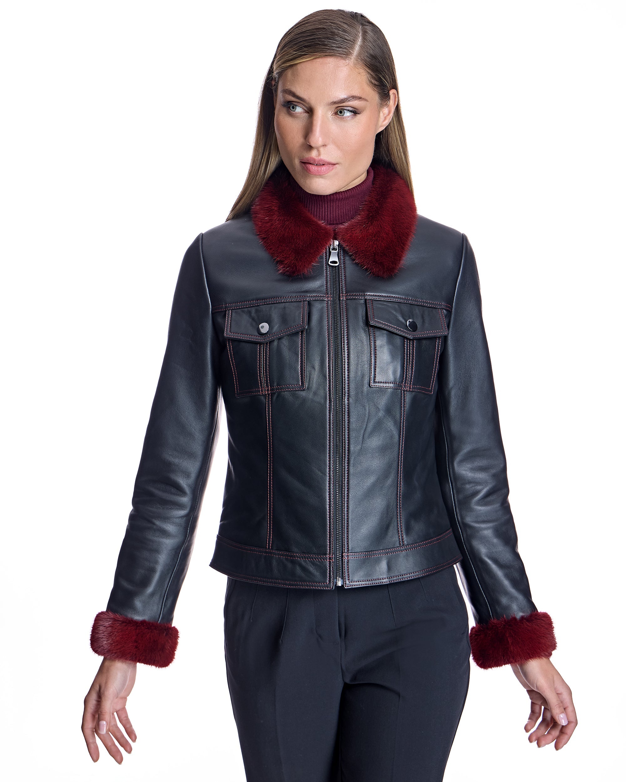 Chaqueta de cuero con cuello y puños de visón
