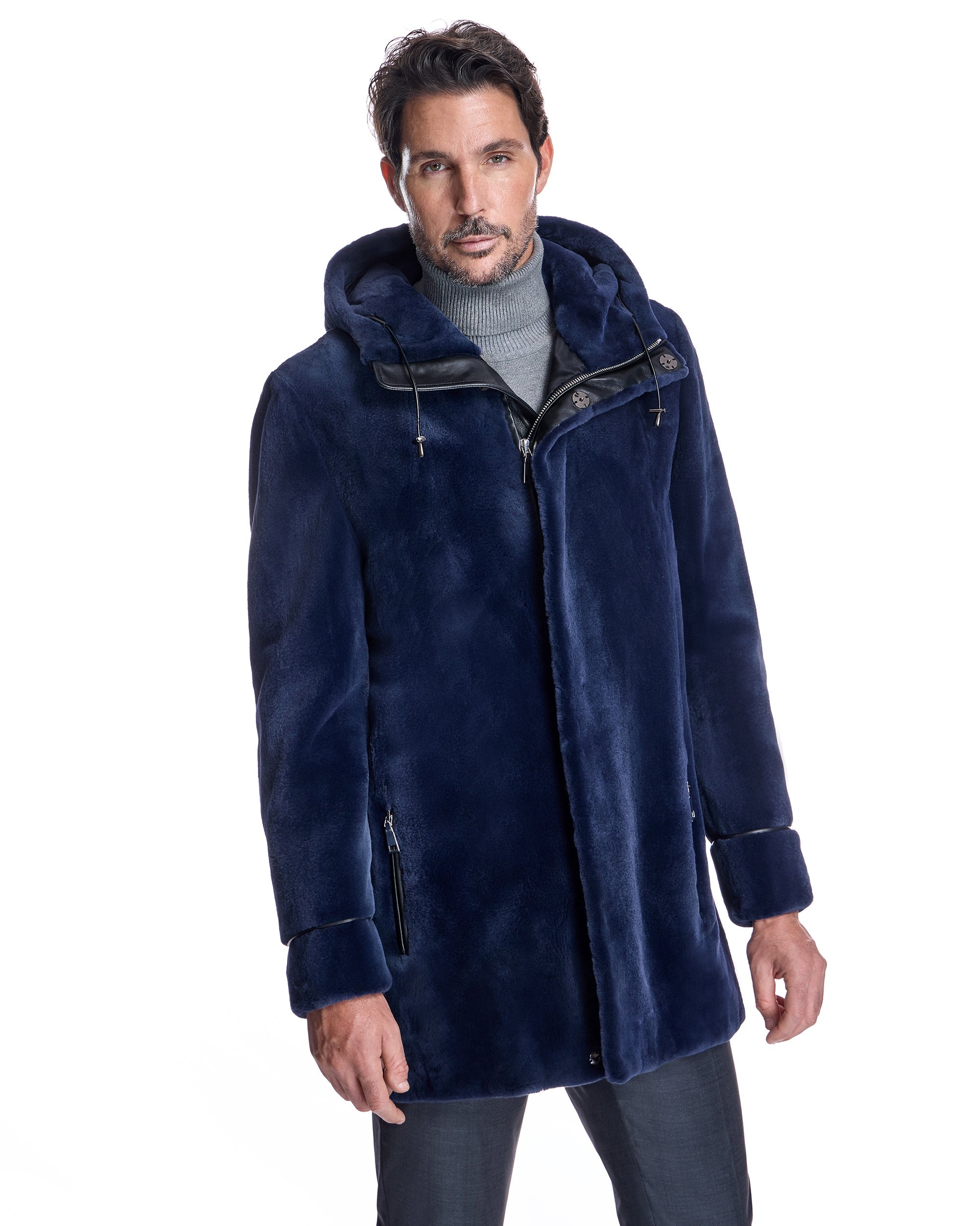 Abrigo con capucha de visón esquilado para hombre