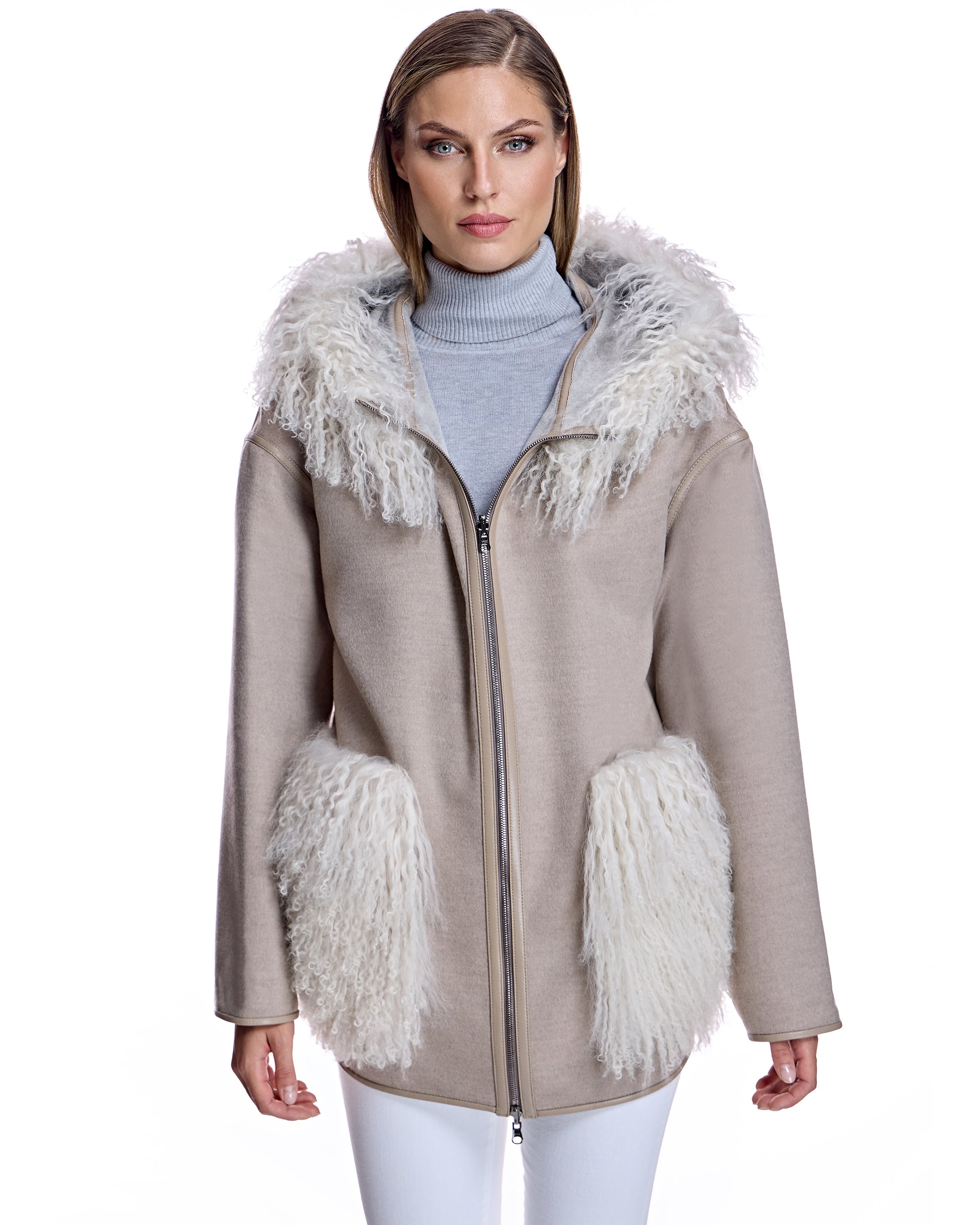 Chaqueta de mezcla de lana con ribete mongol