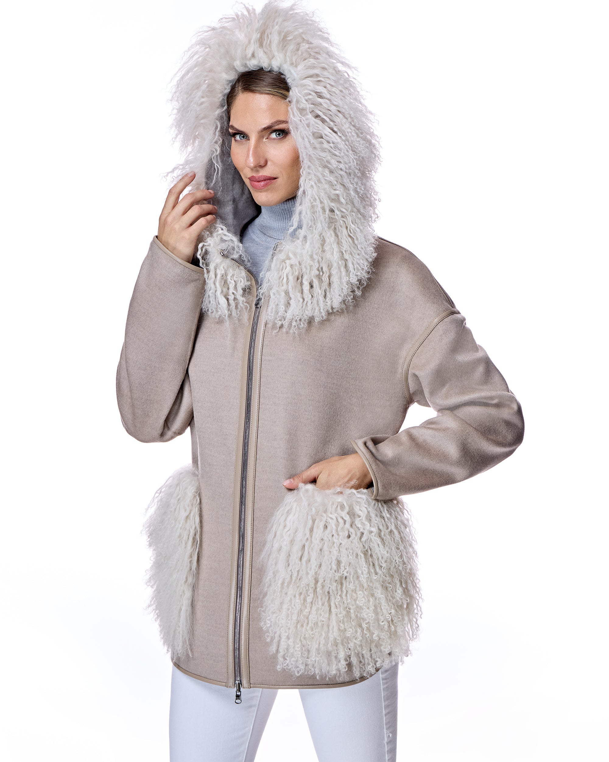Chaqueta de mezcla de lana con ribete mongol